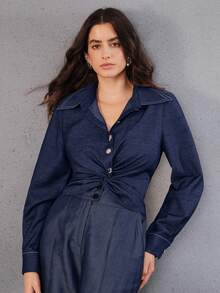 Anewsta 复古优雅办公室/通勤扭结短领长袖牛仔效果衬衫 - 藏蓝色 - 查看 7