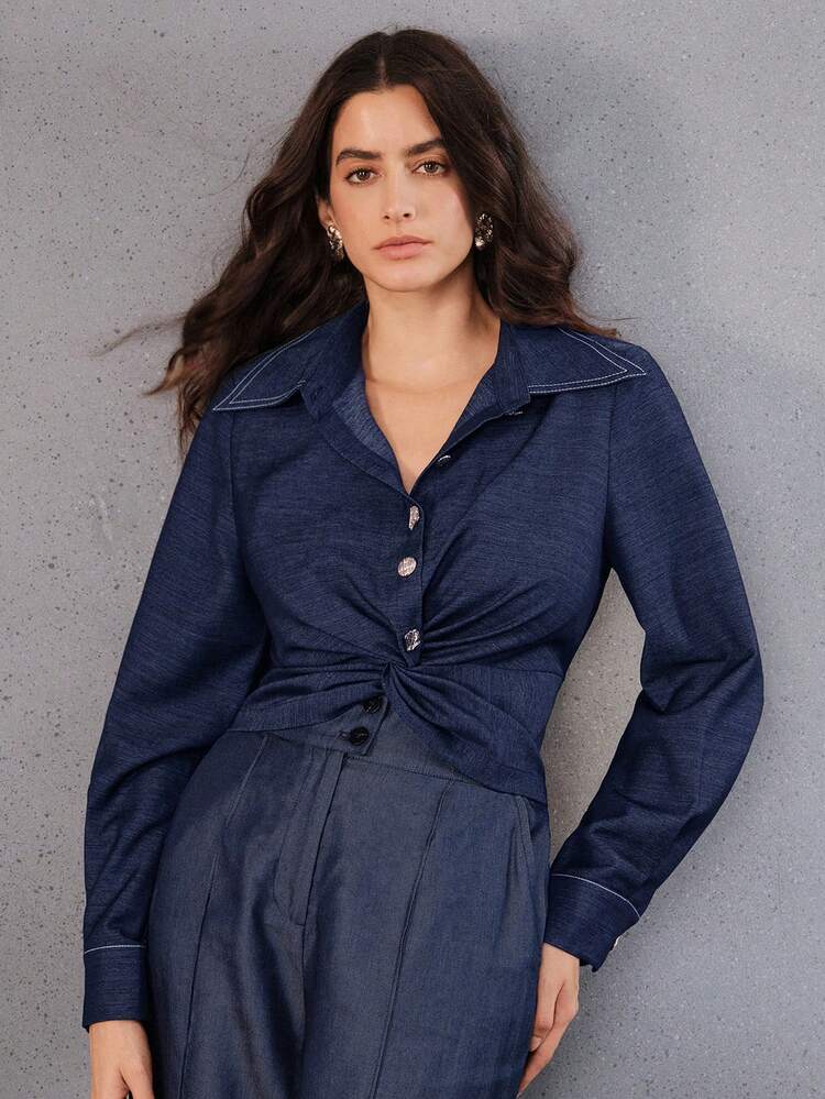 レトロエレガントなオフィス/通勤用ツイストノット付きショートカラー長袖デニム調ブラウス