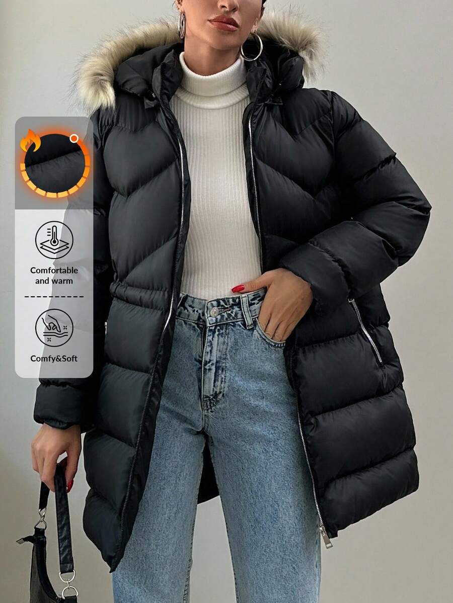 EURMUSE Fuzzy Hooded Puffer Coat - Black - View 1