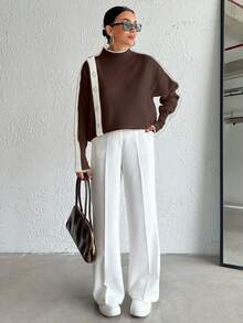 SHEIN Cottnline Casual Color Block Stand Collar Sweater, Autumn/Winter - Brown - View 7