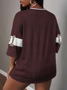 Slaydiva Plus Size Leopard Print Letter & Number Graphic V-Neck Casual Loose T-Shirt, Suitable For Summer, Oversized Leopard Jersey For Women Football Women Brown Jersey - Multicolor - View 2