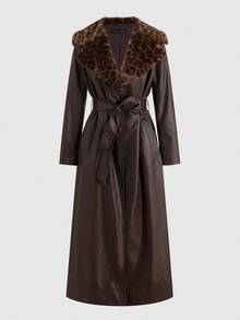 Radiana 冬季深咖啡色复古仿皮草豹纹领长款 PU 皮夹克，优雅束腰 PU 风衣外套 - 咖啡棕 - 查看 6