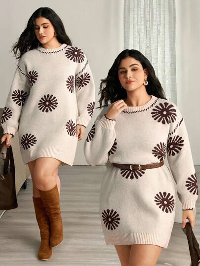 Nubod 大码女式冬季针织直筒宽松休闲向日葵提花落肩长袖毛衣连衣裙