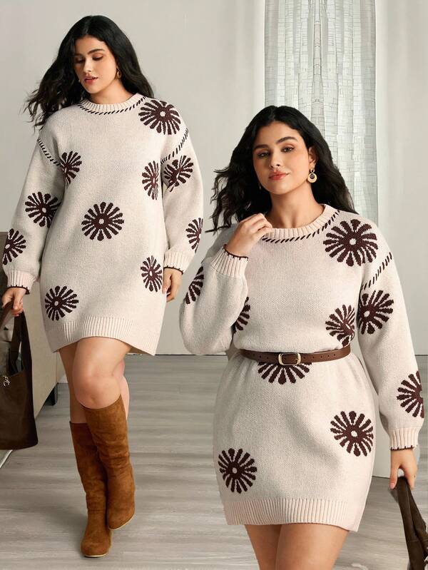 Nubod Vestido de suéter de manga larga con caída de hombros, estampado jacquard de girasol, casual y holgado, para mujer de talla grande en invierno