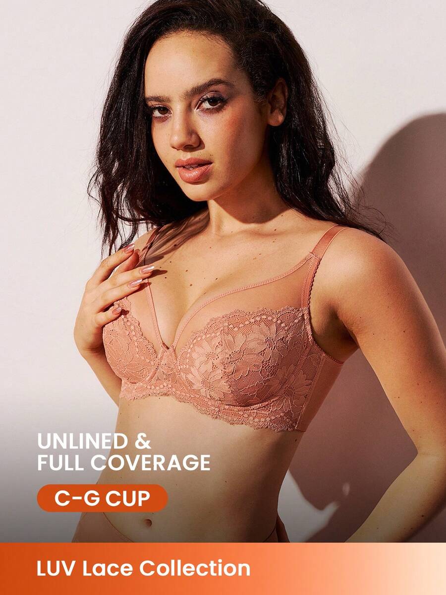 LUVLETTE Soft Woman Lingerie Lounge Curve Sheer Full Coverage Support&Breathable Underwire Sexy Unlined Minimizer Lace Elegance & Mesh Bra Bridal Intimates