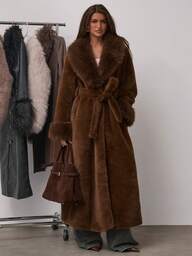 SHEIN BAE Effen damesjas met sjaalkraag, lange mouwen en riem met zakje, lang imitatiebont