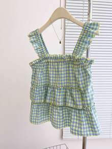 SHEIN PETITE CURVE 大码女式荷叶边格子短袖衬衫