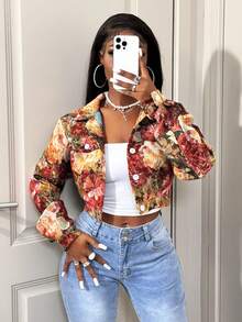 BamGleam Áo khoác lửng họa tiết hoa tay dài, cài khuy đơn giản dành cho nữ, mùa thu - Nhiều màu - Xem 6