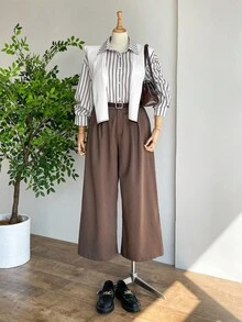 SHEIN LUNE 大码女装秋冬条纹长袖翻领衬衫女上衣日常通勤口袋设计衬衫老款风格衬衫 - 彩色 - 查看 4