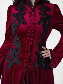 ROMWE Goth Christmas Gothic Retro Palace Style Contrast Color Lace Trim Velvet Women Long Jacket