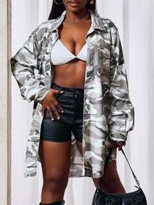 SHEIN SXY 女式迷彩图案长袖单排扣长款休闲牛仔夹克 - 彩色 - 查看 5