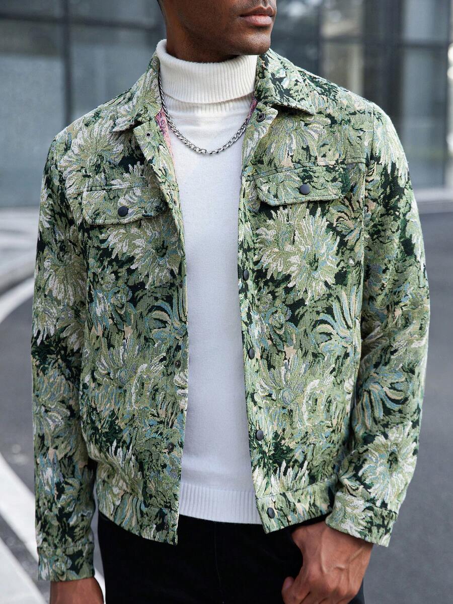 Manfinity Homme 男士花卉提花长袖单排扣休闲夹克 热带风情 - 彩色 - 查看 1