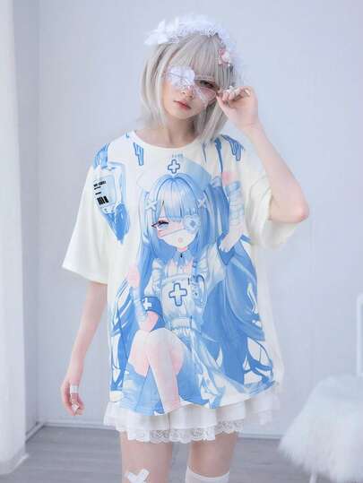 Anime Camiseta de manga corta de cuello redondo holgada con estampado de chica anime yandere de color rosa