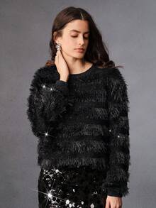 Anewsta Hanorac elegant pentru femei, cu guler rotund, negru, cu dungi, potrivit pentru Crăciun, petrecere de Revelion, iarnă - Negru - Vizualizare 5