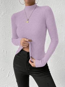Chiquease Casual Solid Color Stand Collar Sweater, Autumn/Winter - Mauve Purple - View 7