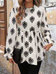 SHEIN LUNE 女士休闲花卉印花长袖基本款衬衫，适合秋冬季