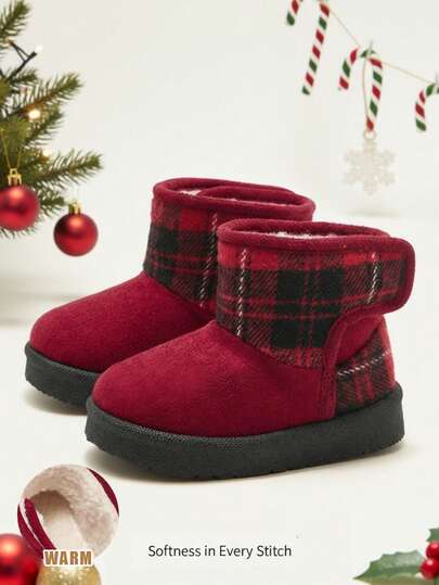 Cozy Pixies 1 Pair Girls' Fashionable Burgundy Fluffy Warm Casual Snow Boots, Comfortable For Daily Wear And Sports, Plaid Patchwork Design, Suitable For Christmas Holiday, Autumn/Winter