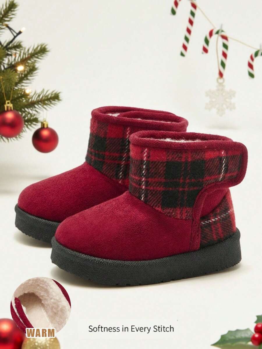 Cozy Pixies 女童时尚酒红色毛绒保暖休闲雪地靴，日常穿着舒适，格子拼接设计，适合圣诞节、秋冬季节穿着。 - 酒紅色 - 查看 1