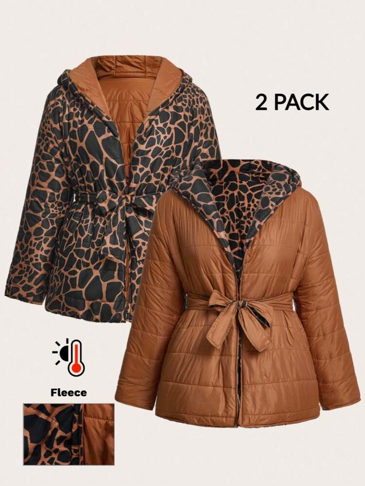 Plus Size Women's Reversible Leopard Print Long Sleeve Hooded Casual Winter Jacket Fall Clothes For Women Winter Clothes