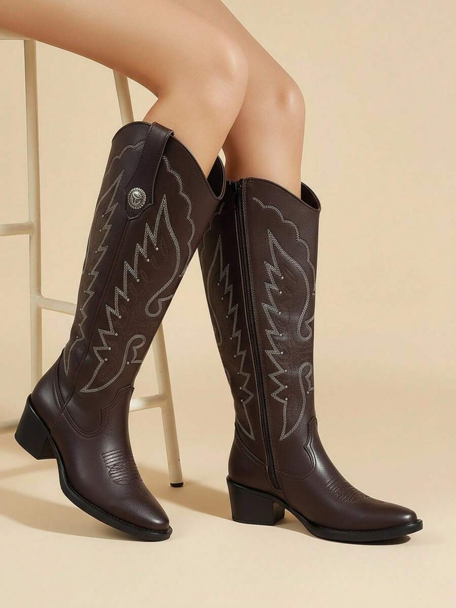 Women Knee-High Boots - Coffee Brown - View 1