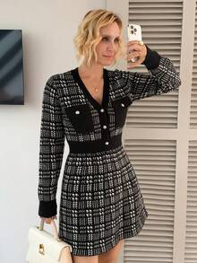 Vivie Lora Women's Houndstooth Pattern Metal Button Waist Knitted Dress Sweater Dress - Black - View 5