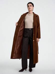 Aalyst 女士优雅时尚通勤休闲舒适迷人复古简约高端精致奢华长袖翻领腰带设计金属纽扣纯色大衣 - 巧克力棕 - 查看 8