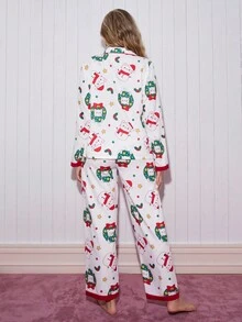 SweetSlumber süße Katze Weihnachts-Muster Farbblock Kragen Langarm Top & Hose Damen Pyjama Set, Herbst Winter Kleidung