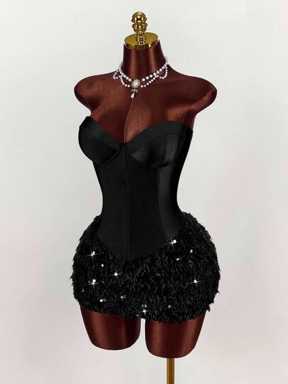 Amplova Vestido mini ajustado de mujer con parches de unicolor, dobladillo de piel sintética y estilo de moda