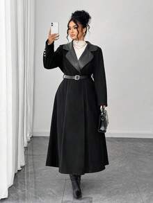 Elenzga 大码女装时尚简约商务通勤优雅休闲日常百搭前片皮革拼接纽扣腰带修身纯色夹克 - 黑色 - 查看 4