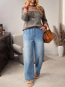 EMERY ROSE Women's Elastic Waist Pockets Wide Leg Loose Casual Jeans - Blue - View 9
