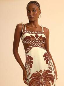 CAJUNI Women Boho Banana Tree And Pineapple Print, Hollow Waist Back Binding Sleeveless Pink Dress, Holiday Casual Summer Dress