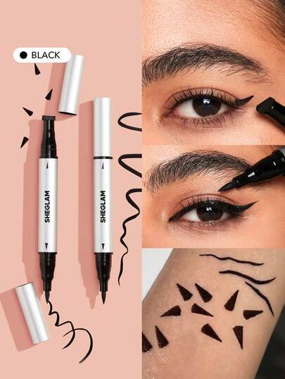 SHEGLAM Wing It Waterproof Liner Duo-Black 2 In 1 Waterproof Liquid Eyeliner Wing Stamp Pen Cat Eye Smudge-Proof Long Lasting Ultra-Fine Winged Eyeliner Henna Brand Beauty Makeup Face Paint Cosmetic For Women Girls Perfect For Fall Winter Ideal For Y2K Fancy Fashion Suitable For Birthday Christmas Present Party Ready Best Color