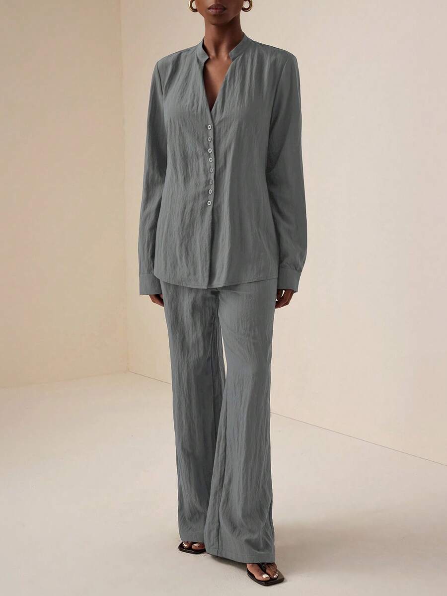 Vesra Casual Outfit - V-Neck Cinched Waist Blouse And Wide Leg Pants Blouse And Pants Set - Grey - View 1