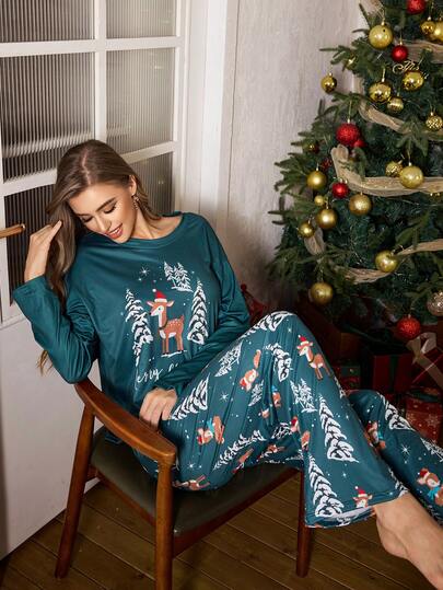 CoupledUp Christmas Element Printed Long Sleeve Top & Pants Women Casual Pajama Set, Fall Winter Clothes