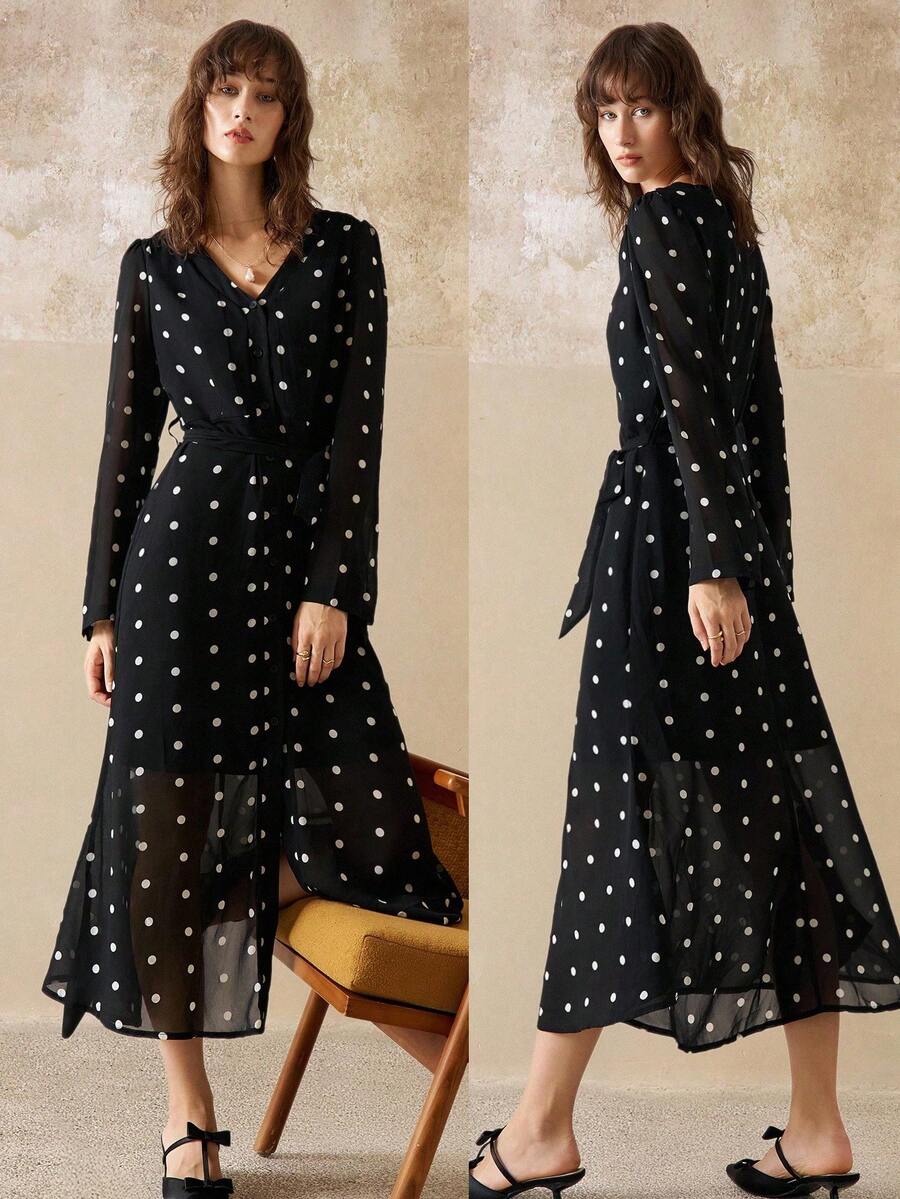 Cévolie Women's Polka Dot Print Overlap V-Neck Puff Sleeve Elegant Dress Fall Cloth For Women - Black and White - View 1