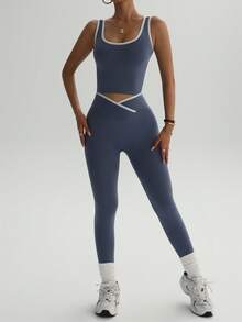 Dewbera Bộ đồ thể thao áo ba lỗ màu tương phản tập yoga và quần legging cạp bất đối xứng cho nữ - Nhiều màu - Xem 5