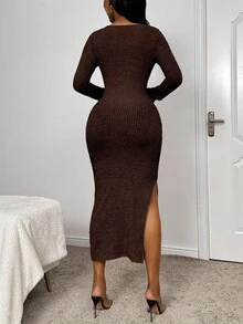 SHEIN Glamour 女式纯色方领开衩至大腿修身长袖连衣裙女式长裙 - 咖啡棕 - 查看 2