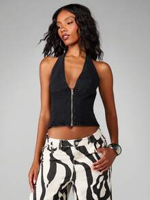 MISSGUIDED Áo corset denim cổ yếm cotton có khóa kéo phía trước, dáng ngắn không tay, lễ hội mùa hè - màu đen - Xem 1