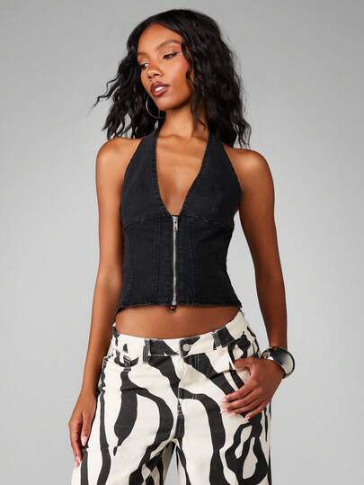 MISSGUIDED Bomulls halterneck denimkorsetttopp med dragkedja framtill, beskuren ärmlös sommarfestival