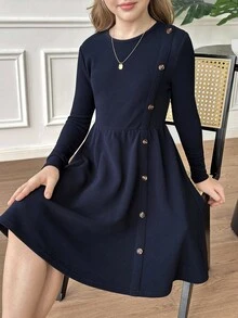 SHEIN Tween Girls Elegant Casual Round Neck Pullover Slit Design Midi Dress For School, Everyday Casual Wear, Fall And Winter Girls Birthday Girls Back To School Autumn Girls Navy Dress Toddler Girls Navy Dress Girls Long Sleeve Dress Girls Dress With Buttons Little Girl Navy Dress Girls Navy Dress With Buttons Girls Dark Blue Dress Children's Navy Dress Tween Girl Navy Dress Girls Button Dress Plain Tween Dress Girls Navy Blue Long Sleeve Dress Girls School Dress Tween Navy Blue Dress - Navy Blue - View 4