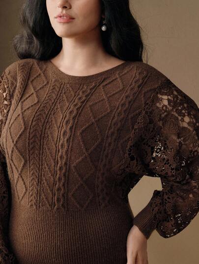 Anewsta Höst/vinter Ny design Merinofärgad 3D-texturerad stickad urholkad bodycon-klänning, Plusstorlekströja, Lämplig för höst, vinter, vår, nyår, fest, bröllop, elegant, chic, snygg, casual, brun, mysig