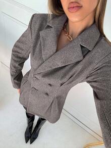 SHEIN EZwear Plaid Double-Breasted Cinched Waist Jacket & Shorts Suit Set, Autumn/Winter,Business Casual Woman - Multicolor - View 7