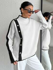 EURMUSE Casual Color Block Stand Collar Sweater, Autumn/Winter - White - View 3