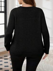 SHEIN LUNE Sweater Rajut Longgar Kasual Lengan Panjang Leher Bulat Warna Polos untuk Wanita Ukuran Besar, Musim Gugur/Dingin - Hitam - View 2
