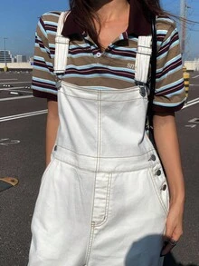 DAZY 女式宽松全白牛仔背带裤，秋季 - 白色 - 查看 1