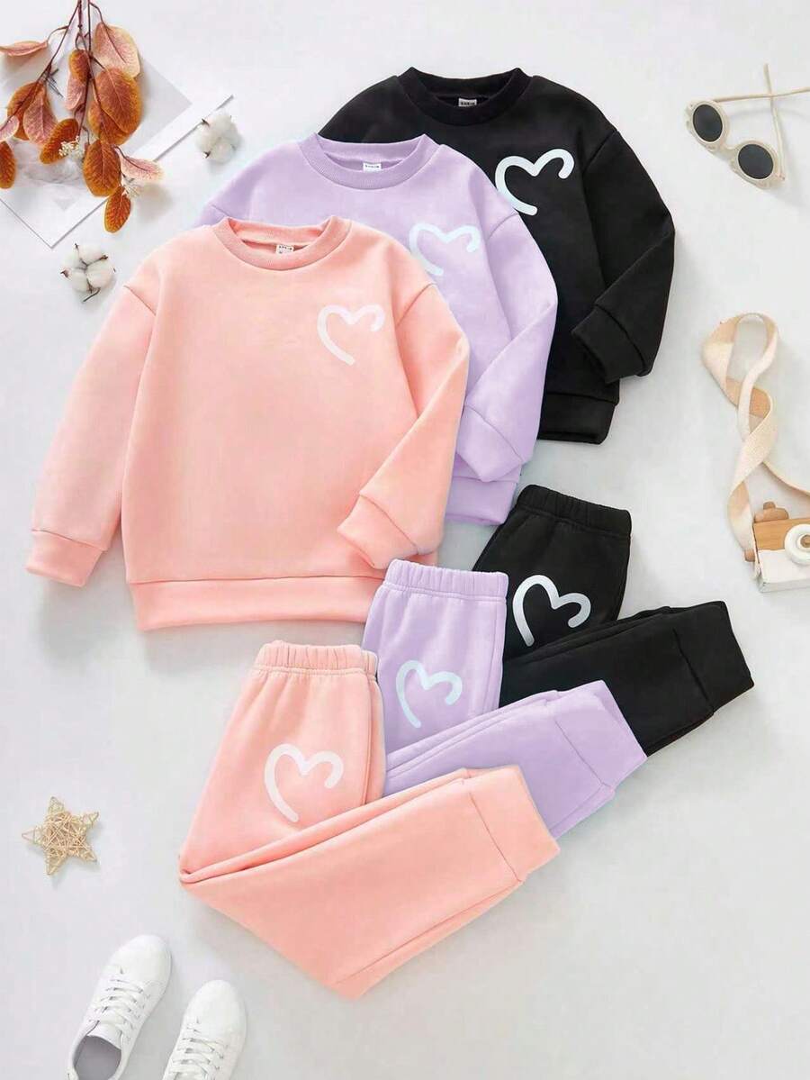 SHEIN Elladie kids 年轻女孩和年轻女孩休闲多件套,包括多种颜色的套头连帽衫 + 运动裤,用途广泛,适合与各种外套(如大衣、夹克)搭配,适合日常穿着 - 彩色 - 查看 1