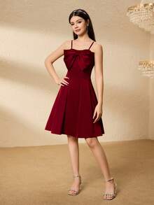 Teen Girl Bow Decor Pleated Design Elegant Camisole Dress - Burgundy - View 7