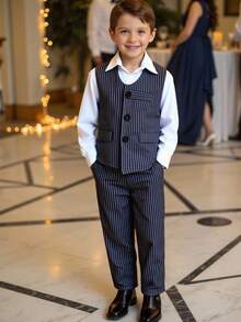 SHEIN 3pcs Young Boys Suits, Versatile Gentleman Style, Including White Long Sleeve Shirt, Classic Striped Vest, And Suit Pants, Fashionable Gentleman Outfit Suitable For Birthday Party, Formal Occasion, Wedding, Christening, Back To School, Sports Season, Halloween, Christmas Fall Winter - Grey - View 3