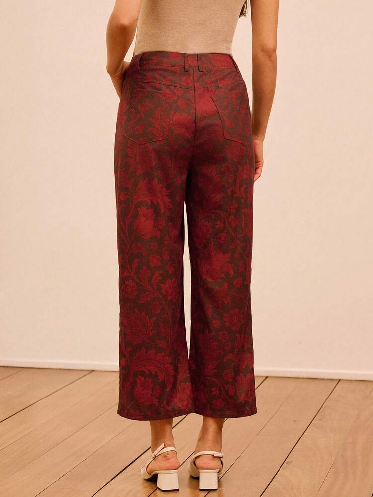 High-Waisted Pants In Vintage Floral Corduroy Office Business Casual New Year French Style Parisian Style