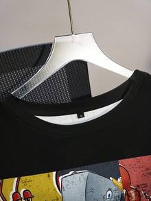 SpongeBob SquarePants | SHEIN Plus Size Women Summer Casual Commuting Fashion Street Cute Cartoon Patchwork Print Loose Black T-Shirt - White - View 4